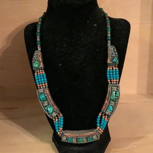 Turquoise and orange beaded necklace